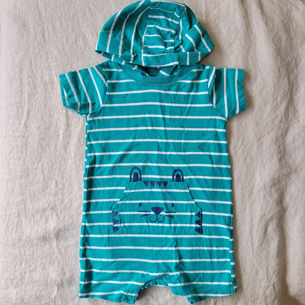 Striped Teal Baby Romper with Hood